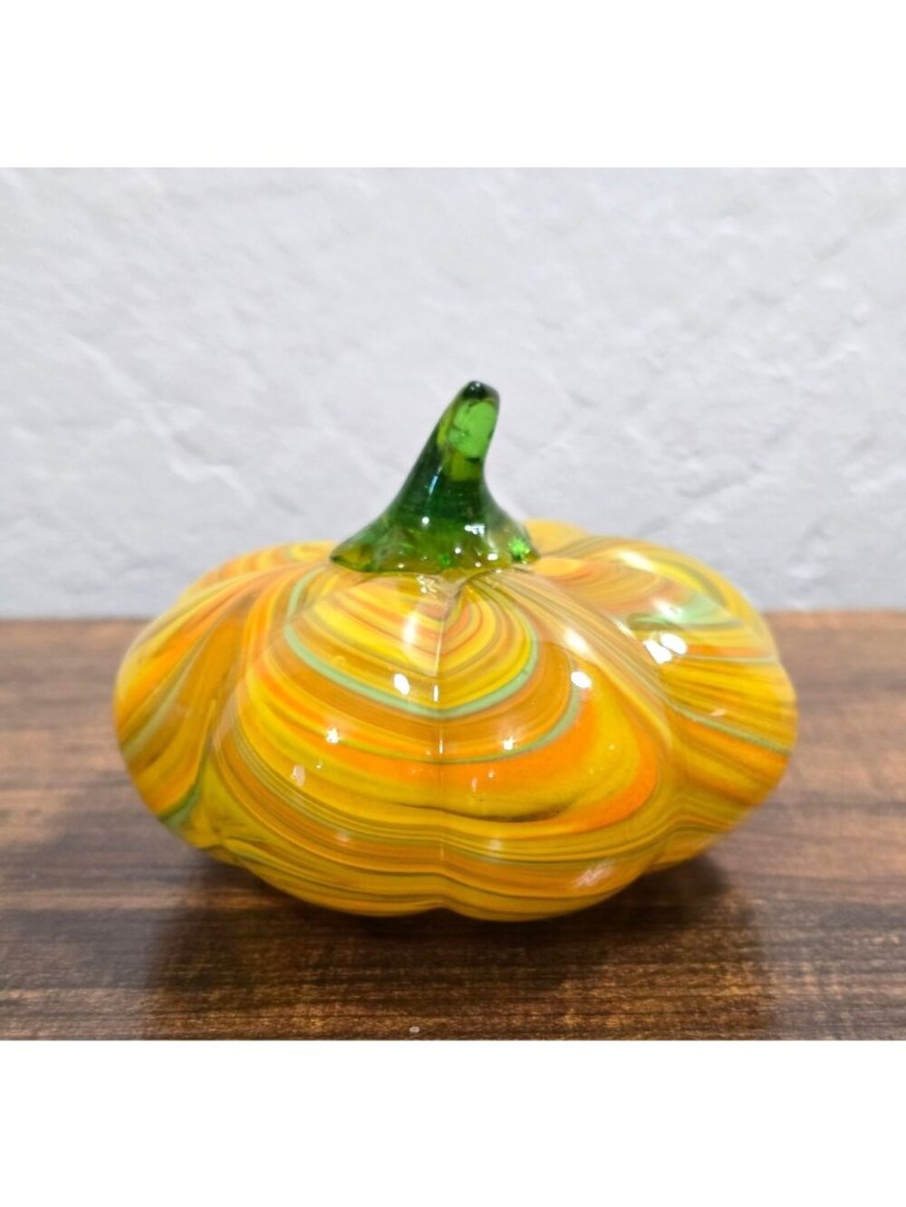 Hand-Blown Glass Pumpkin Swirled Yellow & Orange Green Stem - Fall Thanksgiving